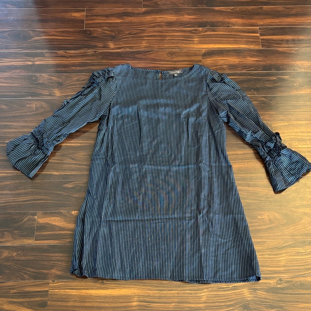 Luxology Navy and White Striped Dress with Ruffled Long Sleeves (12)